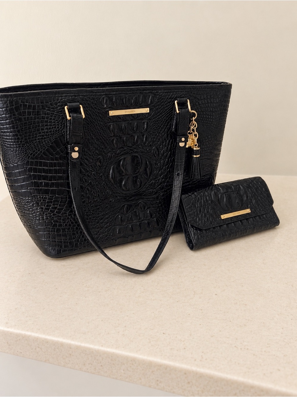Brahmin Medium Asher Black Melbourne Leather Tote & Cordelia Wallet Set